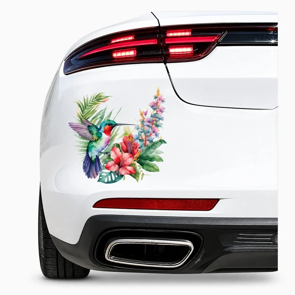Autocollant humour pour voiture représentant un colibri aux couleurs vives sur carrosserie