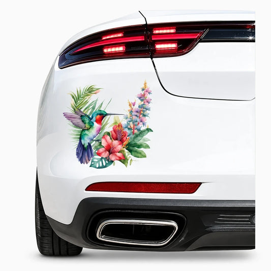 Autocollant humour pour voiture représentant un colibri aux couleurs vives sur carrosserie