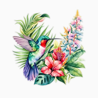 Détail du motif colibri coloré de l'autocollant humour résistant aux intempéries