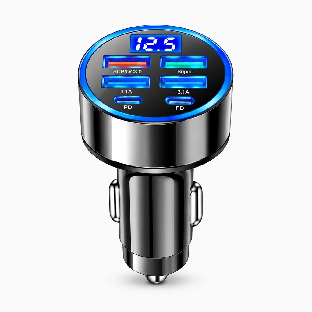 Chargeur voiture pour téléphone noir compact installé sur tableau de bord