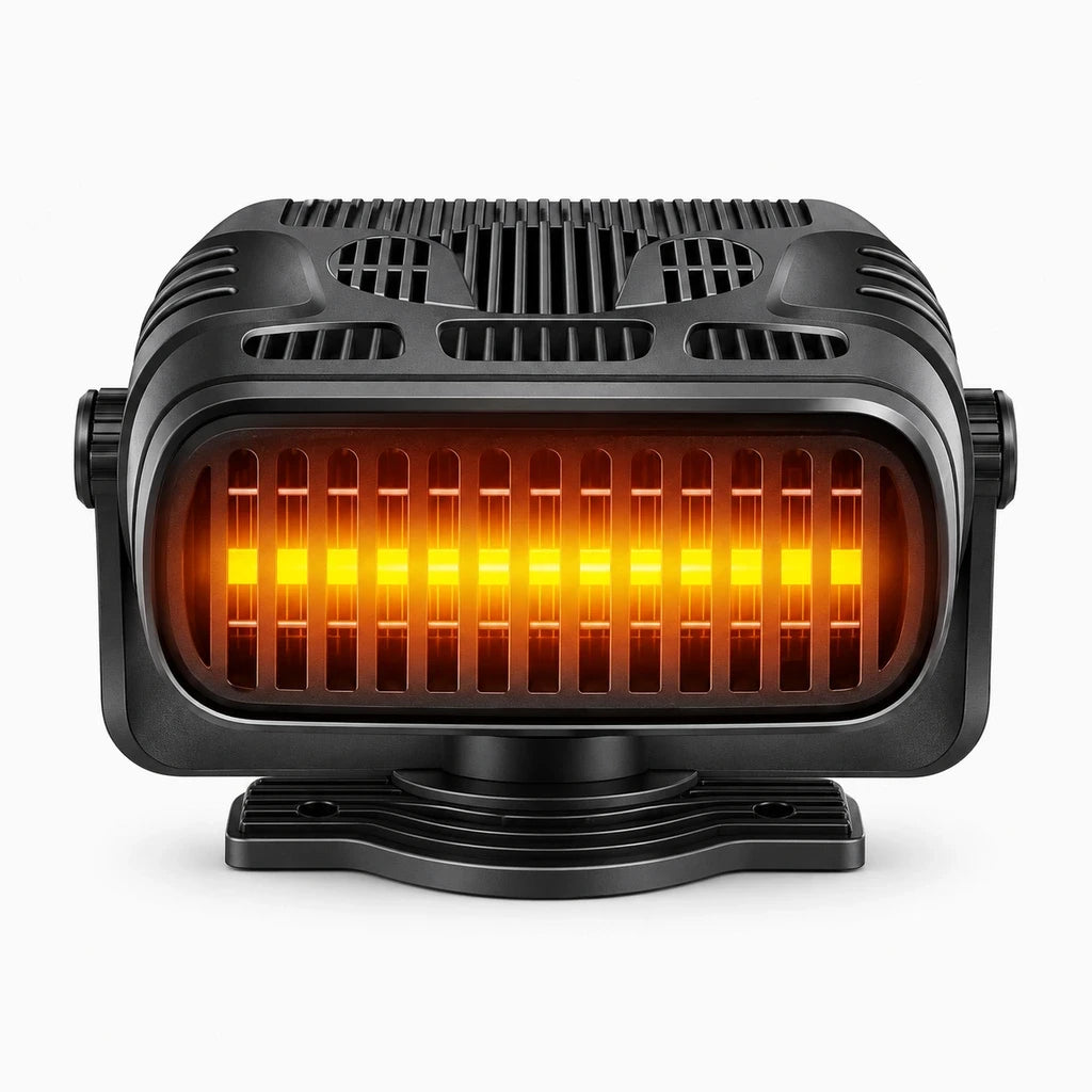 Chauffage d'appoint voiture compact branché sur prise 12V, diffusant de l'air chaud sur le tableau de bord