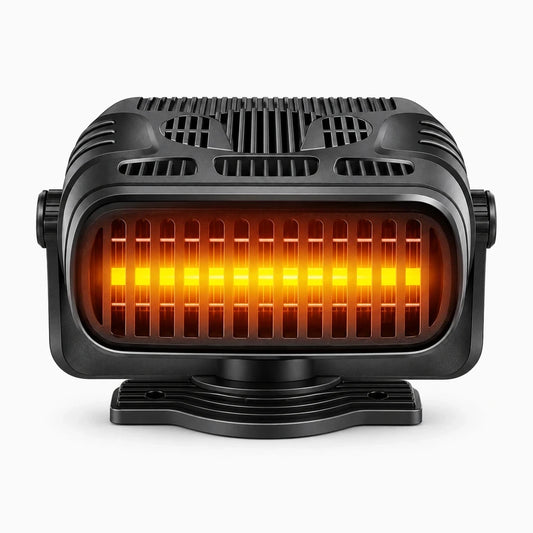 Chauffage d'appoint voiture compact branché sur prise 12V, diffusant de l'air chaud sur le tableau de bord