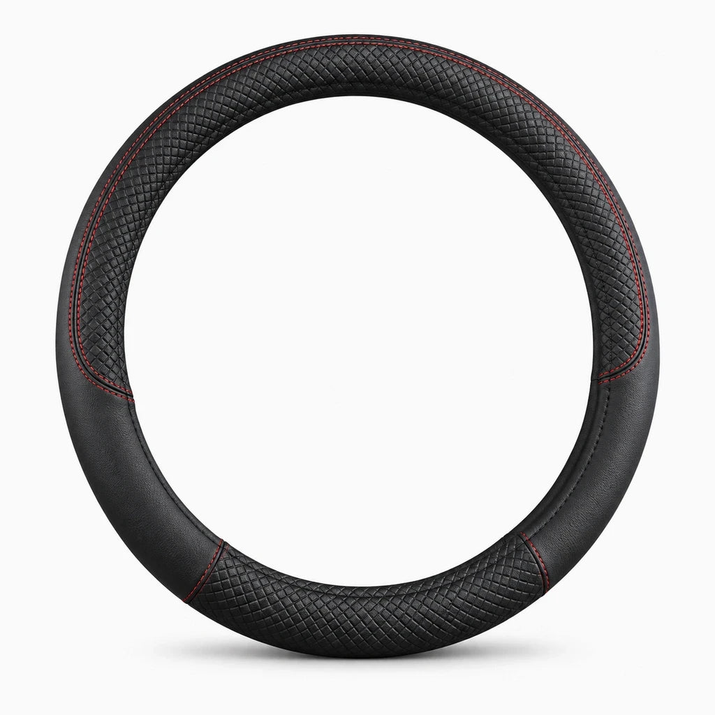 Détail de la texture souple du couvre volant cuir rouge pour habitacle personnalisé