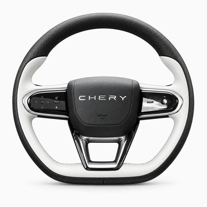 Protection cuir véritable sur volant automobile, détail de la surface souple et résistante