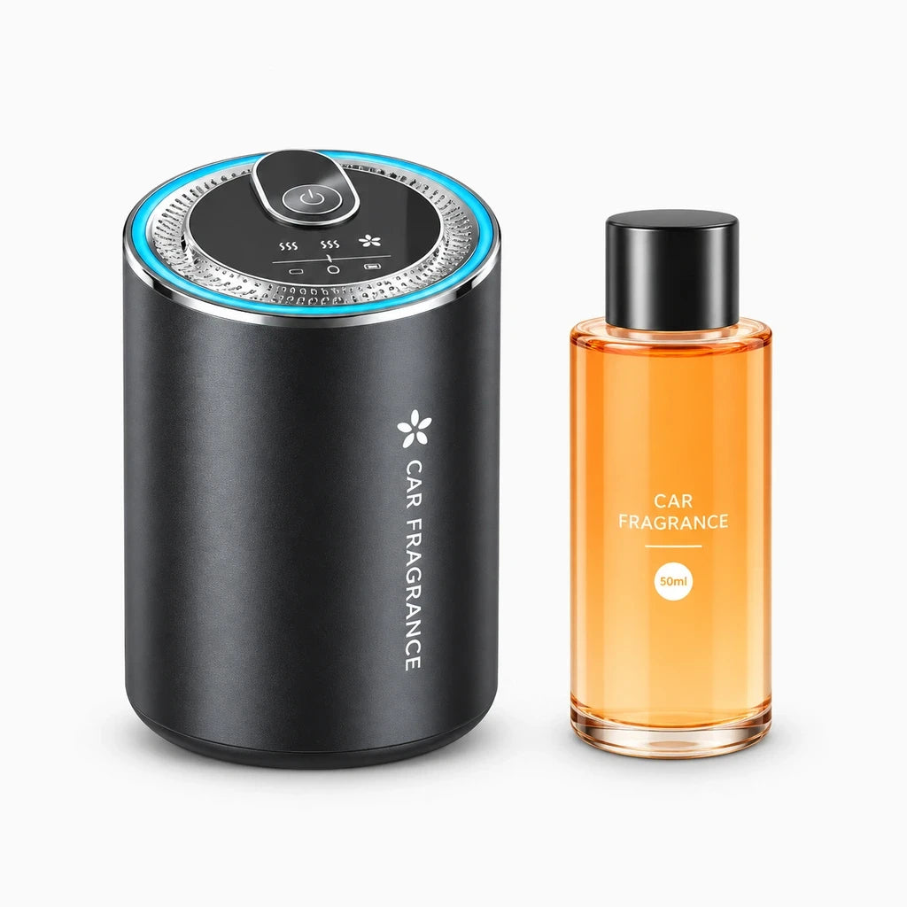 Diffuseur de parfum voiture posé sur console centrale avec LED ambiante
