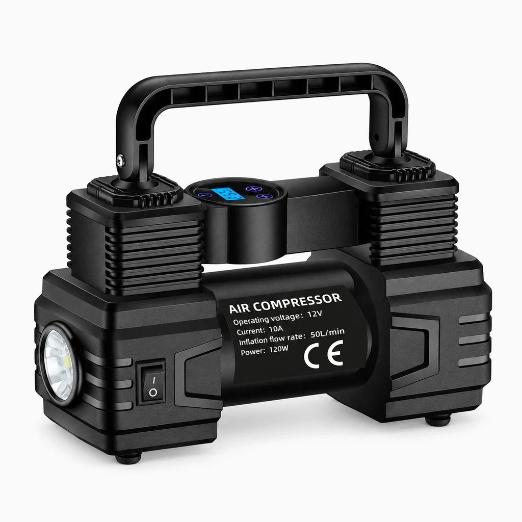 Compresseur portable noir et argent pour gonflage rapide des pneus automobiles