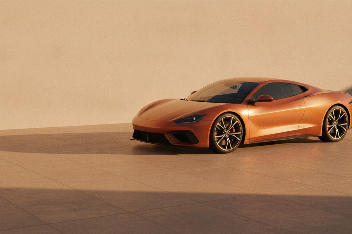 Coupé sport orange, vu de trois quarts avant, garé dans un espace clair et vide.