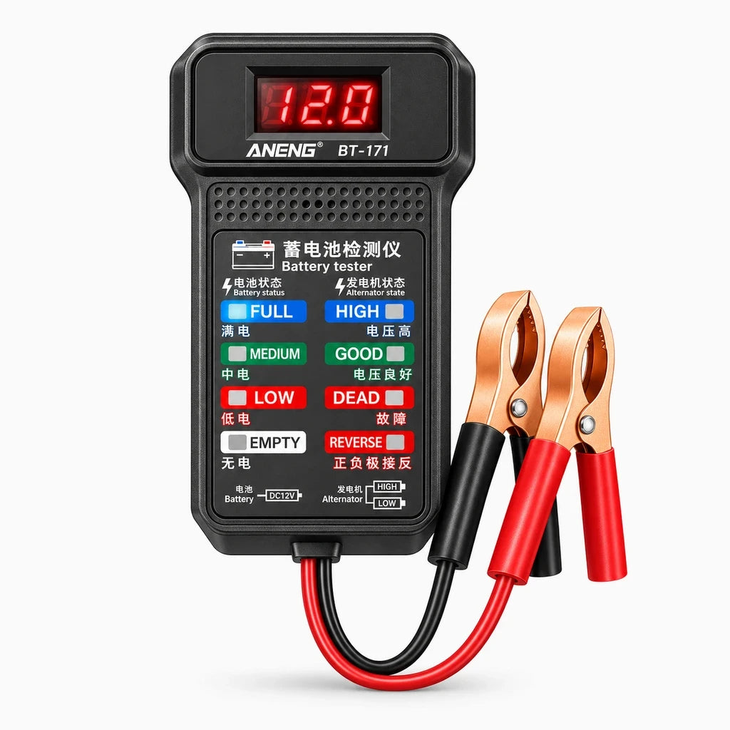 Multimètre batterie voiture avec écran LED affichant tension 12V, format compact