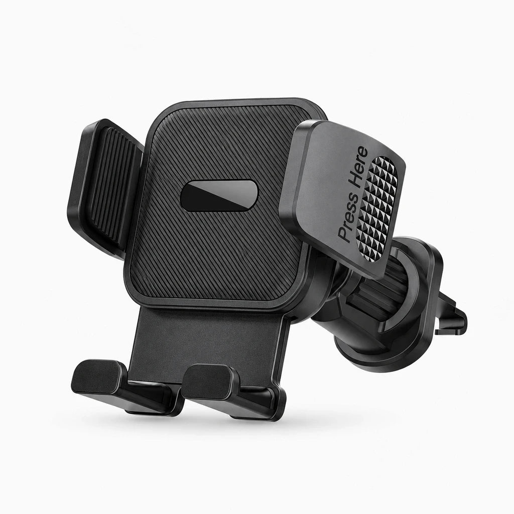 Support téléphone grille aération avec clip acrylique noir fixé sur tableau de bord
