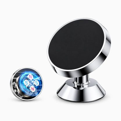Support téléphone voiture aimanté argenté fixé au tableau de bord avec smartphone en rotation 360°