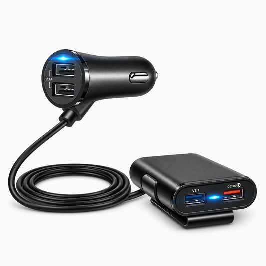 Chargeur USB voiture avec quatre ports pour recharger plusieurs appareils simultanément